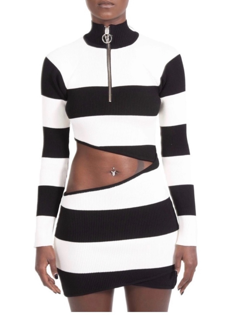 Filles A Papa Peggy Striped Cut Out Rib Knit Mini Dress